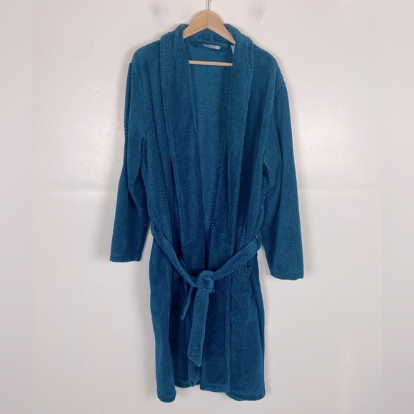 Perry Ellis Portfolio Men's Robe Fleece One Size Color Blue Waffle Knit Pockets - Picture 1 of 9